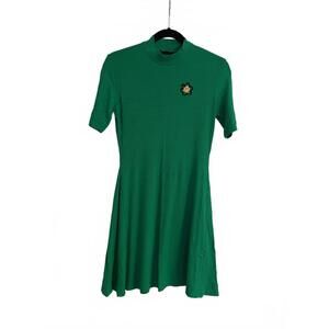 Desigual Green Ribbed Mini Dress with Floral Patch Large